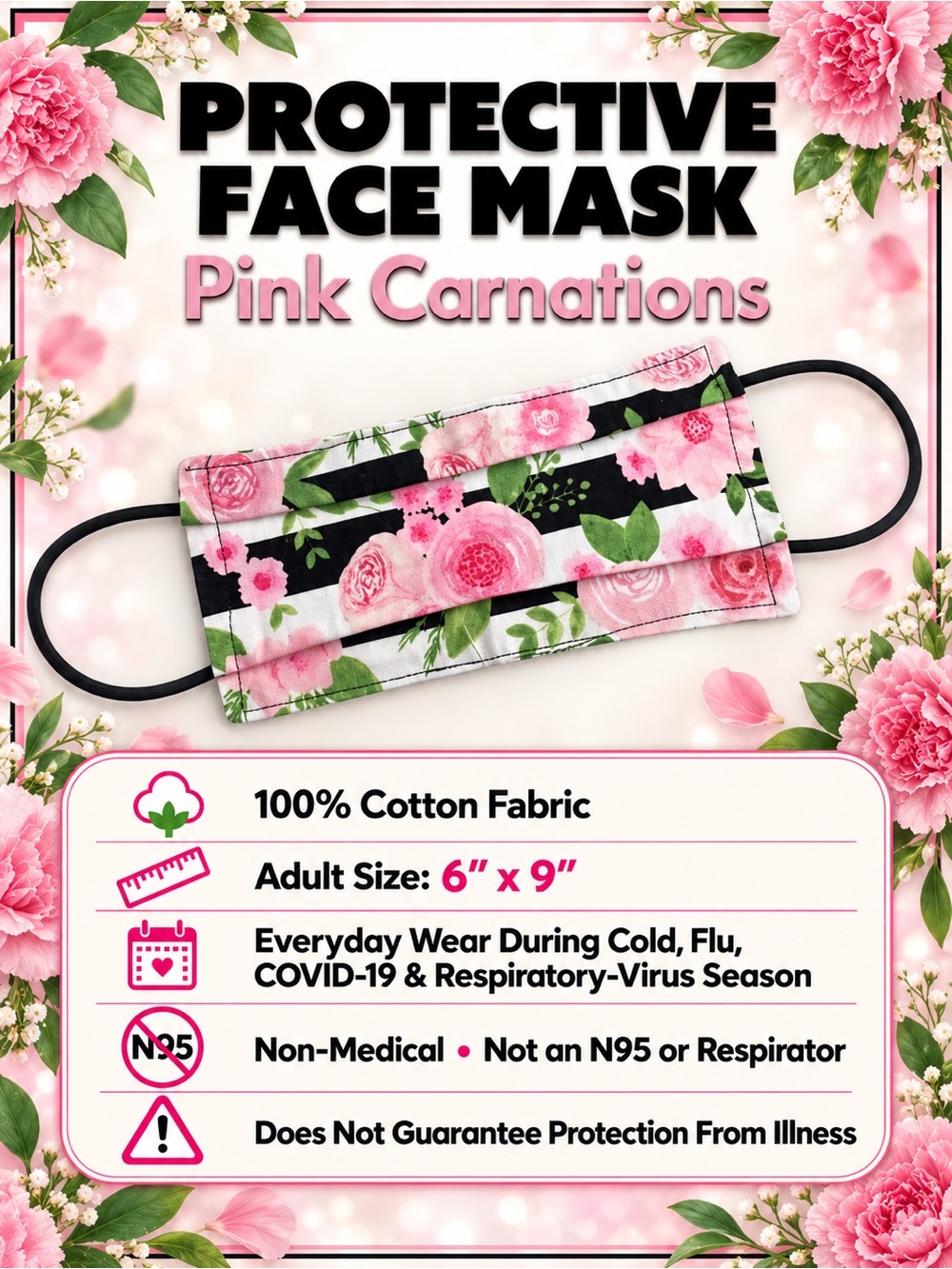 Face Mask Pink Carnations *Protective NEW